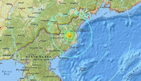 Lokasi guncangan 6,3 SR yang diduga bom hidrogen Korea Utara. (USGS)